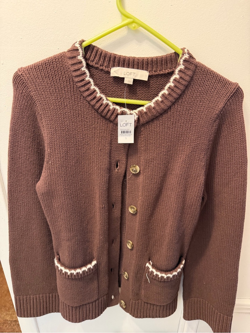 LOFT Brown Ribbed Button-Front Cardigan with White Trim